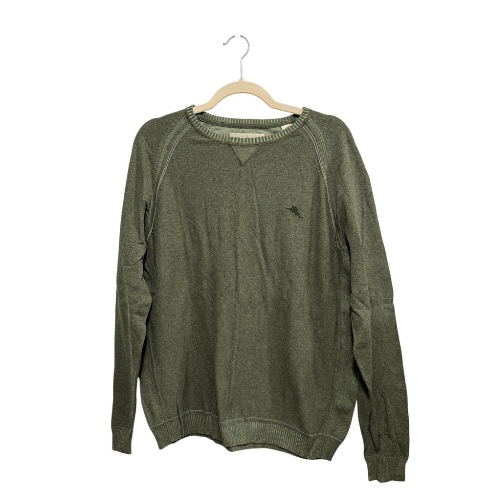 Tommy Bahama Olive Green Cotton Crewneck Sweater Mens L Coastal Preppy